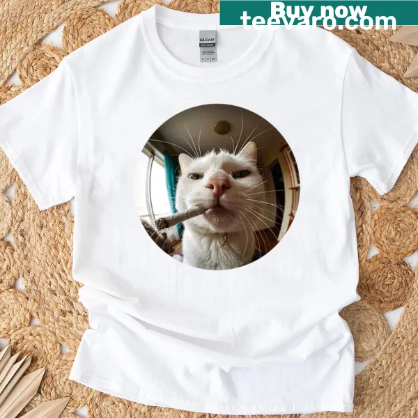 Cartoon of a smoking cat with fish eyes on an oversized t-shirt