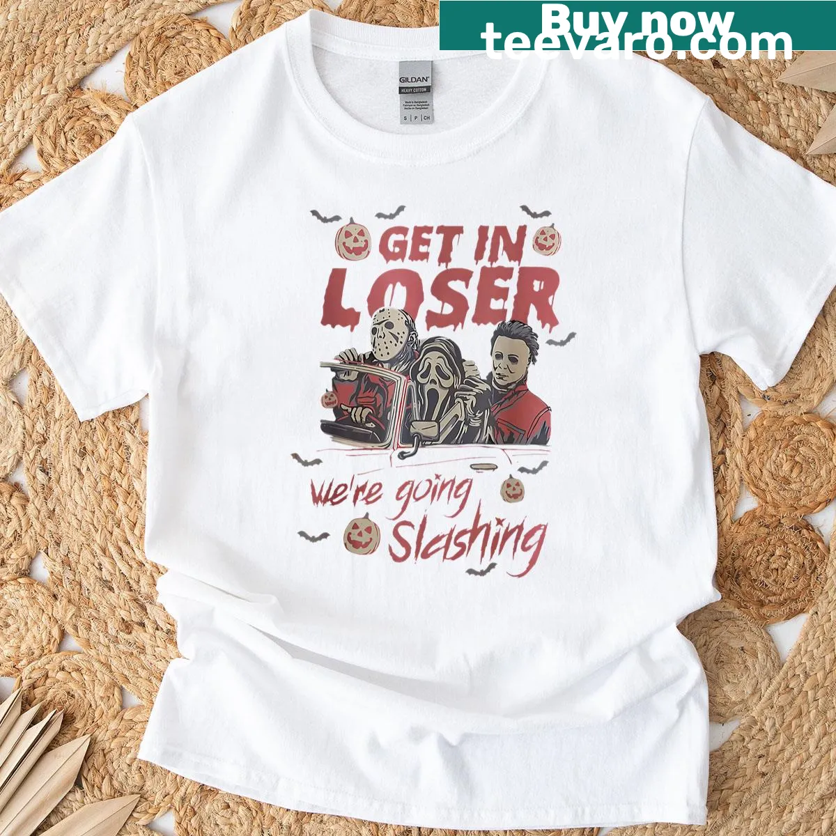 Playful horror-themed T-shirt for Halloween with slashing characters — on a men's t-shirt