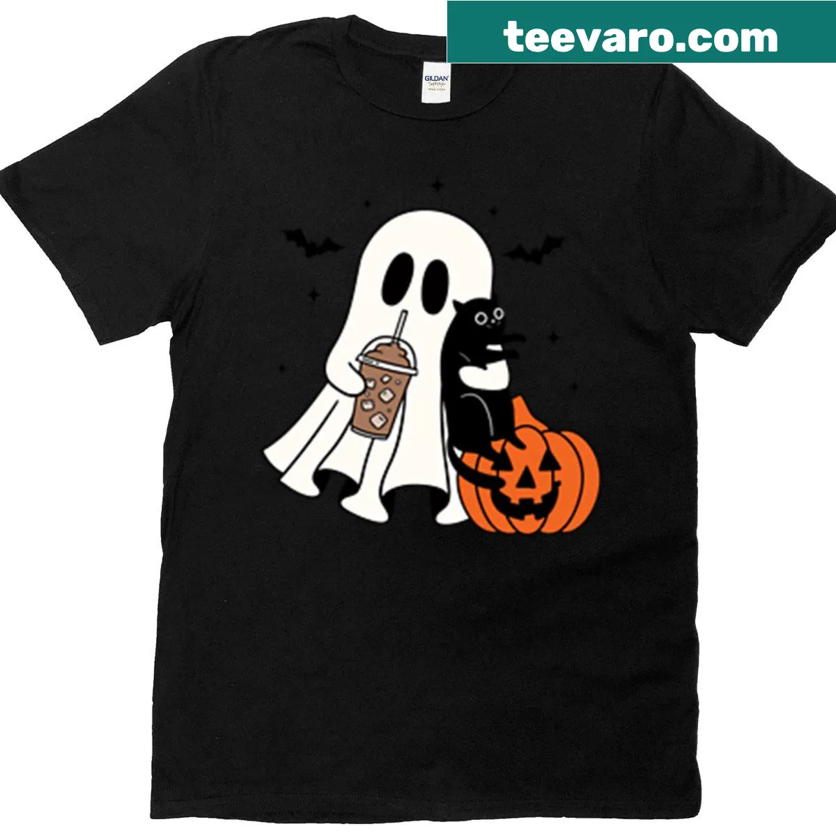 Adorable ghost cat with coffee and pumpkins t-shirt — on a men's t-shirt