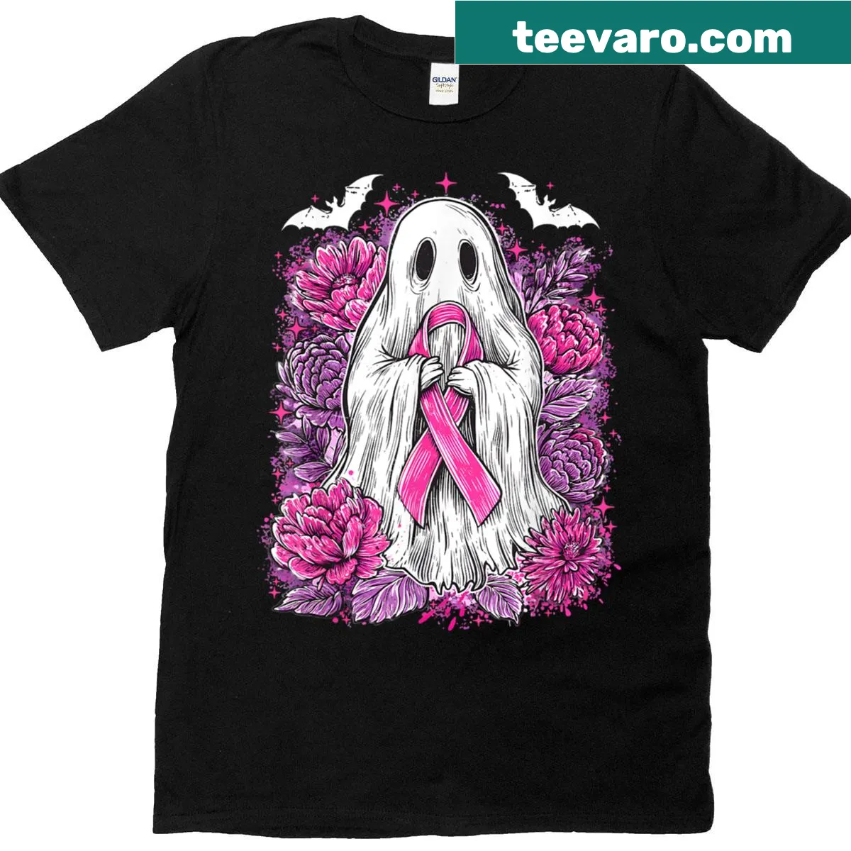 Floral ghost t-shirt with a pink ribbon for breast cancer awareness — on a men's t-shirt