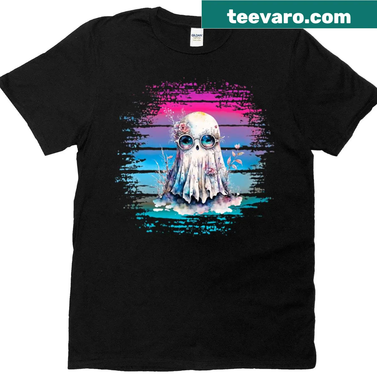 Illustrative ghost with flowers and sunset on a t-shirt — on a men's t-shirt