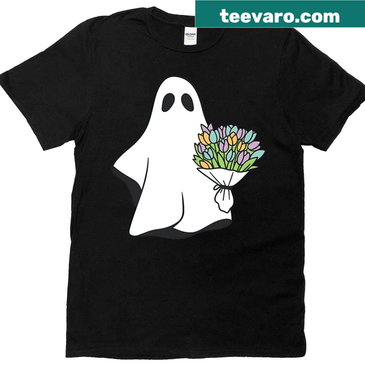 Friendly ghost holding a spring flower bouquet t-shirt — on a men's t-shirt