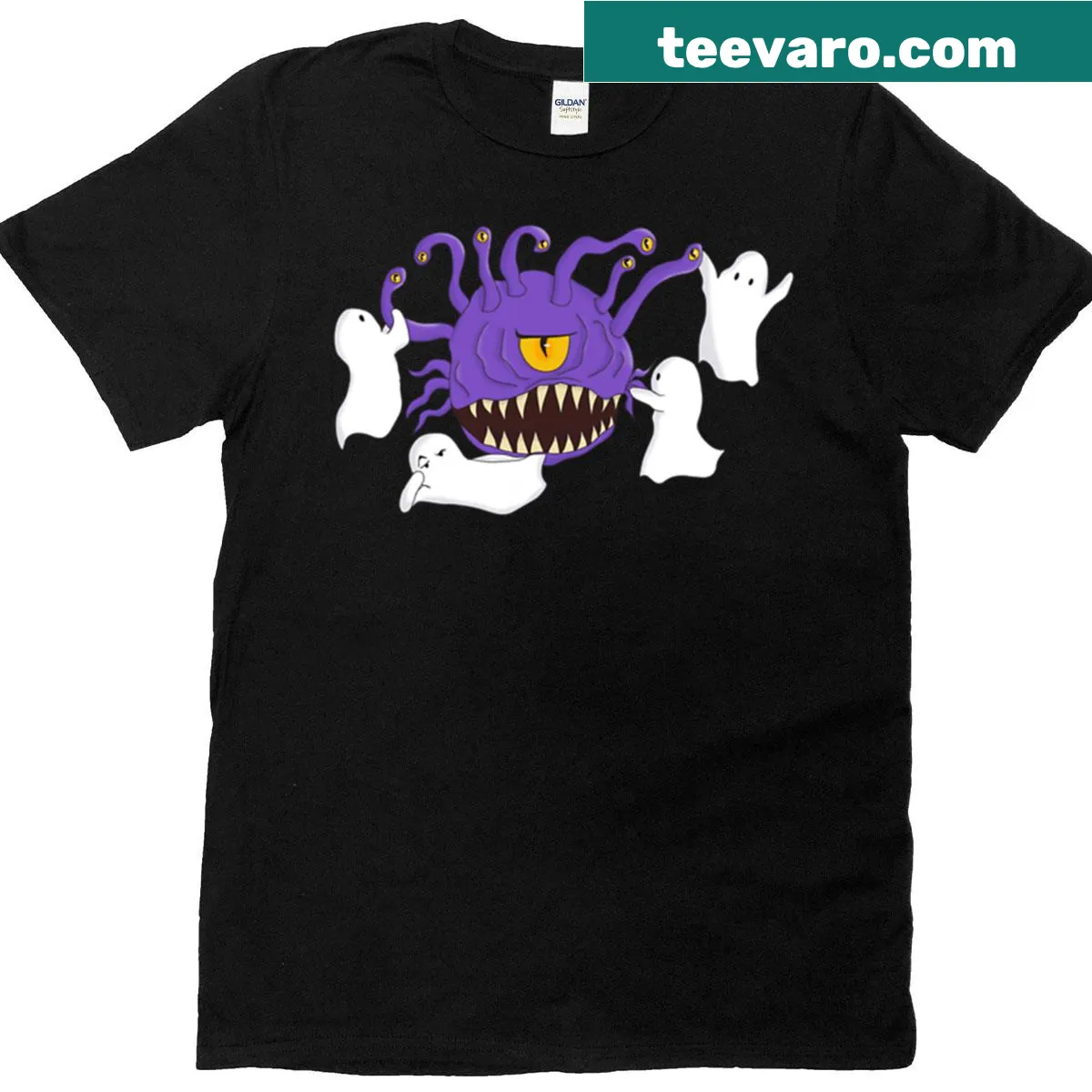 Premium t-shirt featuring ghosties battling a beholder. — on a men's t-shirt