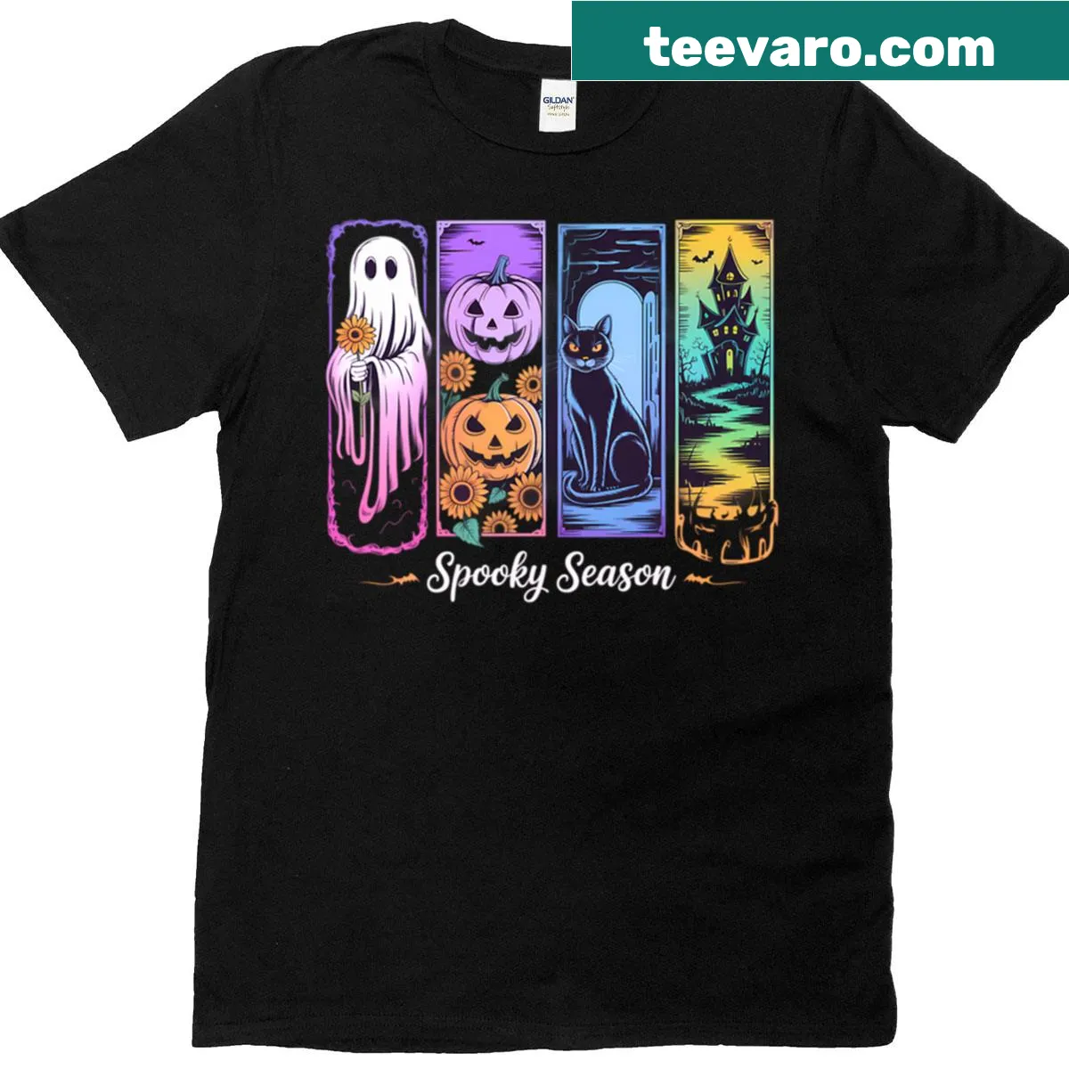 Cartoon ghost design on a Halloween-themed t-shirt — on a men's t-shirt