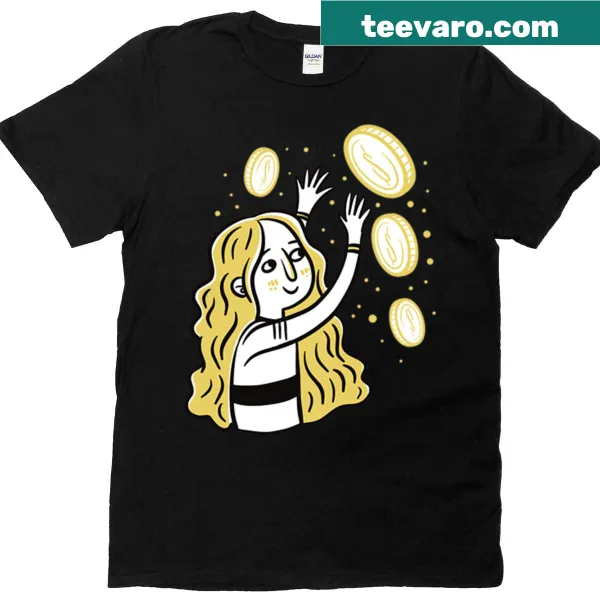 Oversized t-shirt with a graphic of a girl chasing gold coins