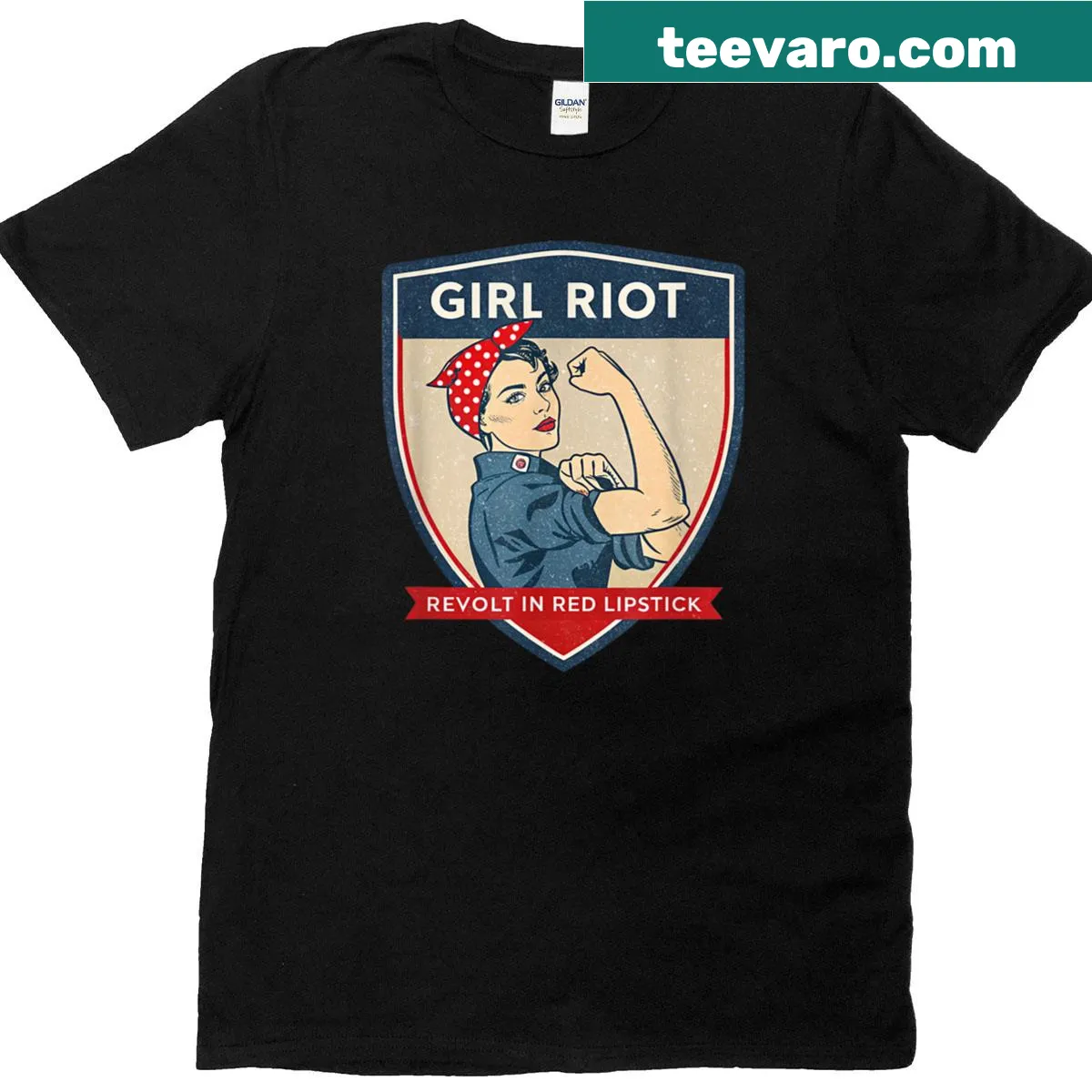 Empowering Rosie the Riveter T-shirt with red lipstick illustration. — on a men's t-shirt