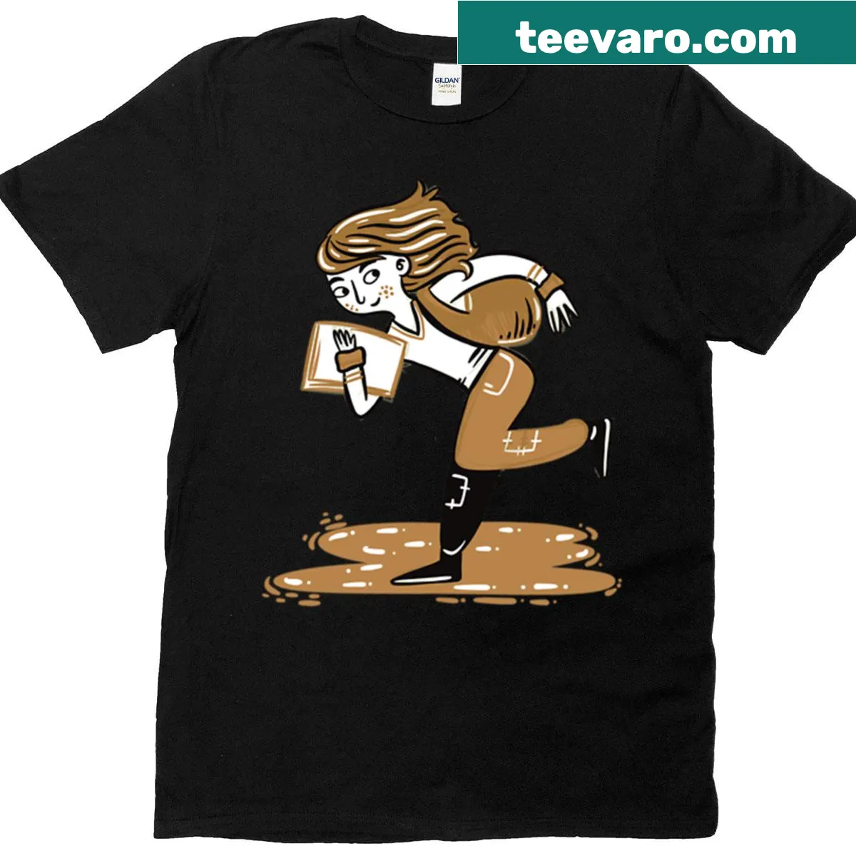Graphic of a girl running with papers on oversized t-shirt — on a men's t-shirt