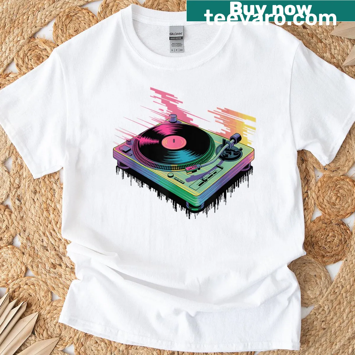 T-shirt with glitch art design of a turntable and vinyl records — on a men's t-shirt