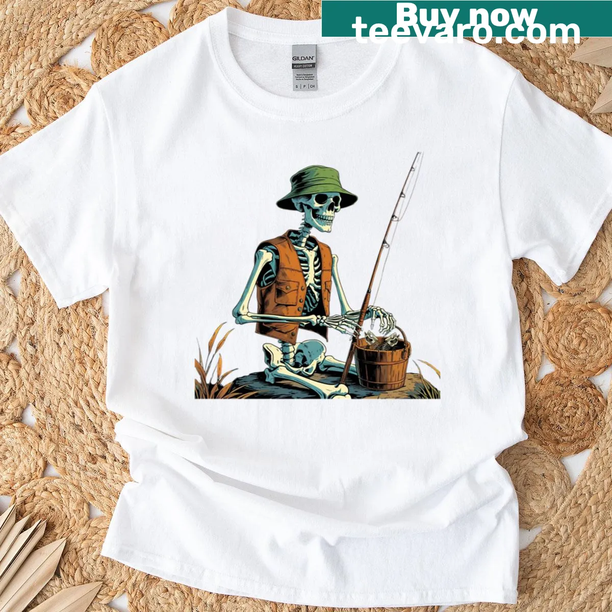Cartoon undead fisherman graphic T-shirt for fishing lovers — on a men's t-shirt
