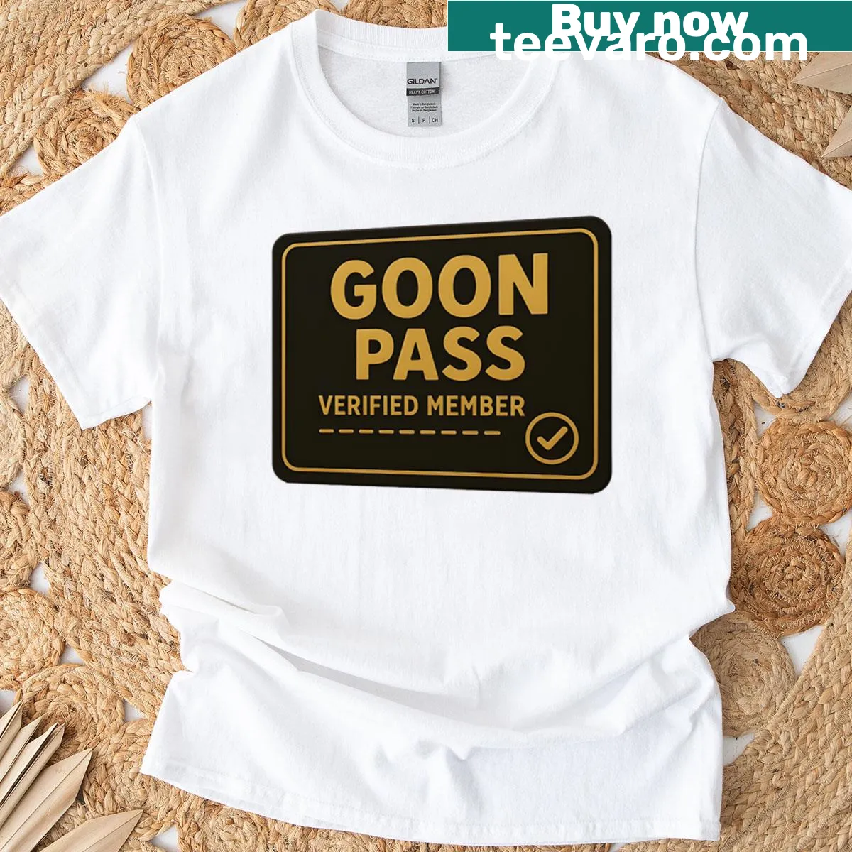 Illustration of a Goon Pass Verified Member Card on a t-shirt — on a men's t-shirt