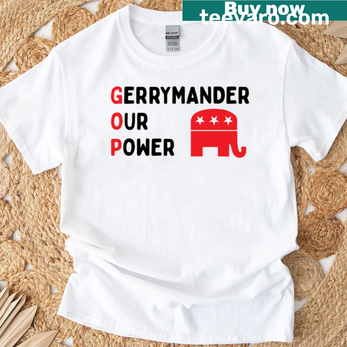 Oversized t-shirt with the phrase Gop Gerrymander Our Power — on a men's t-shirt