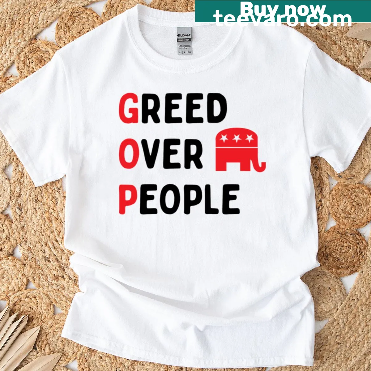 Oversized tee with a bold graphic criticizing political greed. — on a men's t-shirt