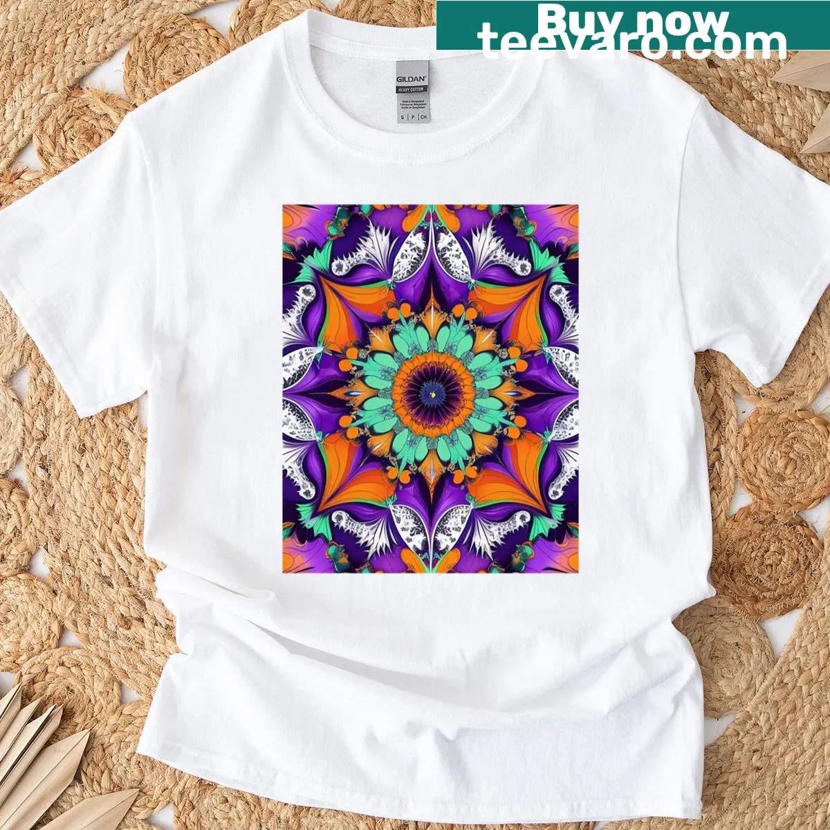 Gothic fractal mandala design in purple, orange, mint, and black on a T-shirt — on a men's t-shirt
