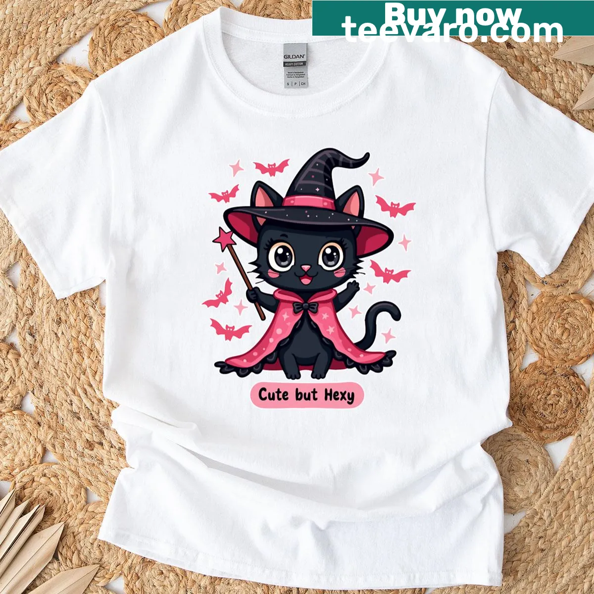 Gothic kitten illustration on a pink background with whimsical elements — on a men's t-shirt