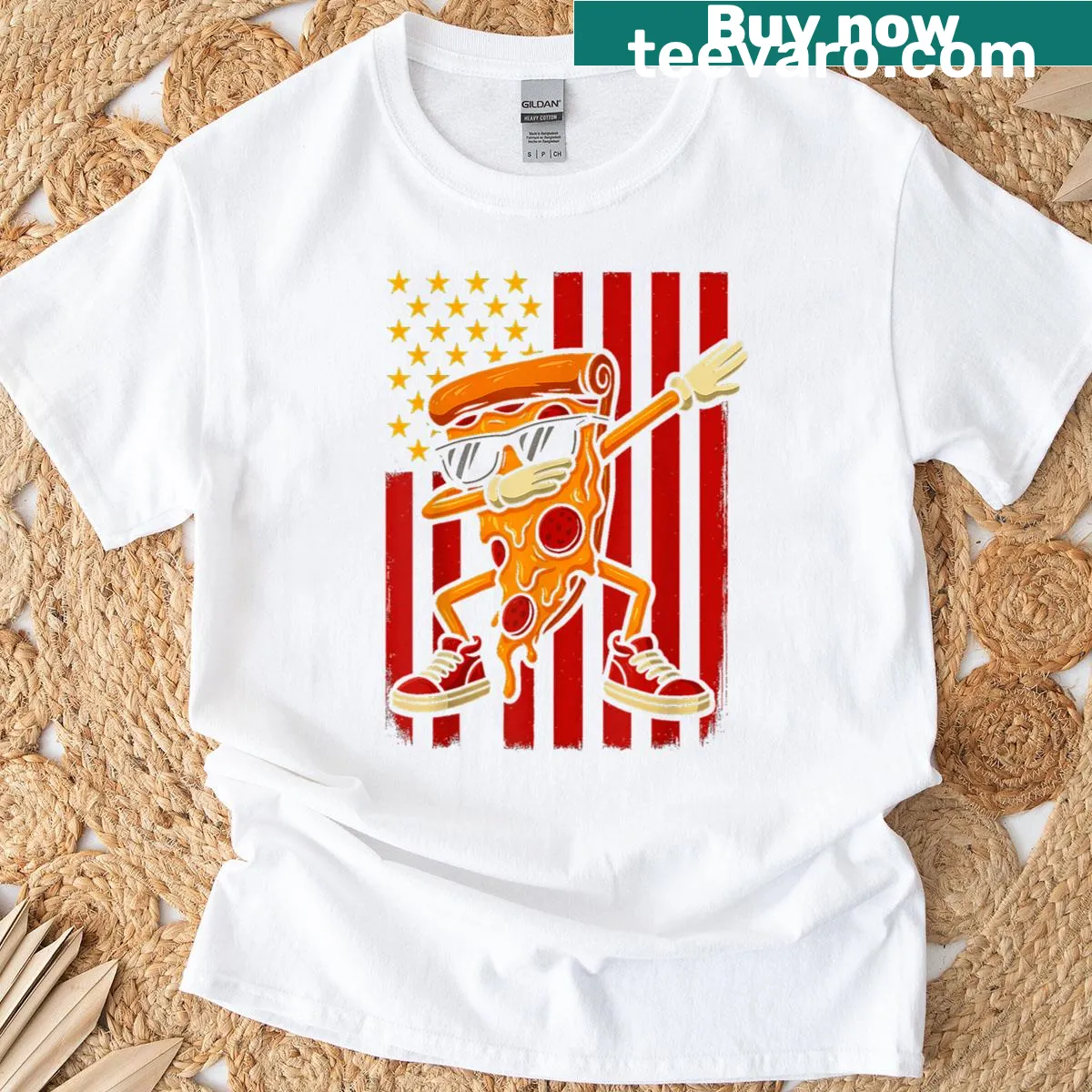 Retro T-shirt with dabbing pizza slice and American flag — on a men's t-shirt