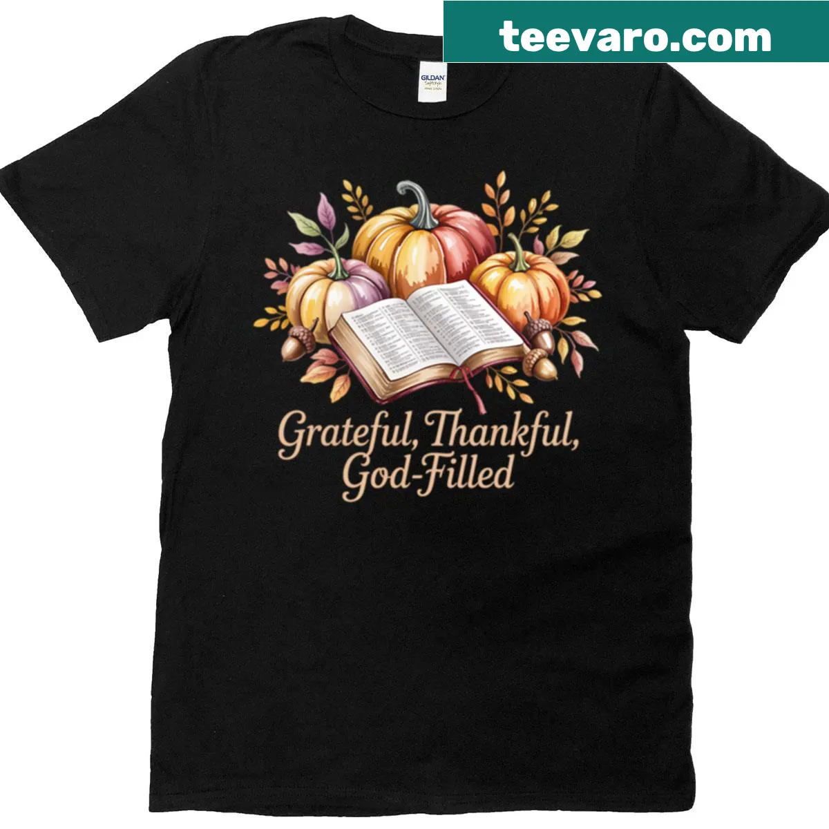 T-shirt with a grateful and thankful typography design — on a men's t-shirt