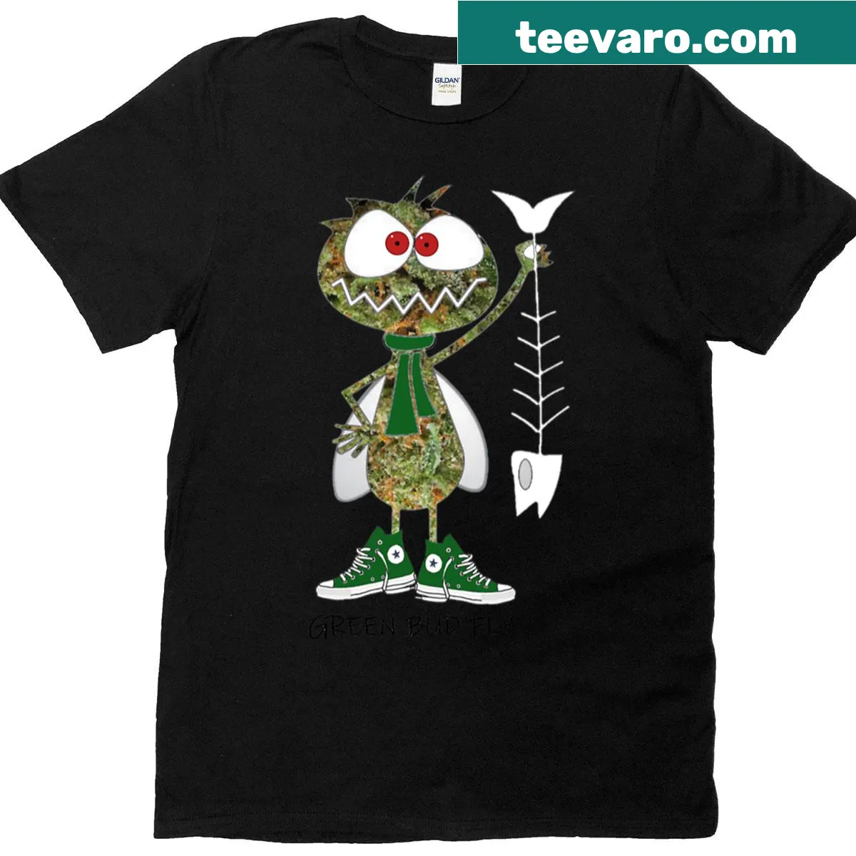 Cartoon boxy t-shirt featuring a green bud fly critter. — on a men's t-shirt