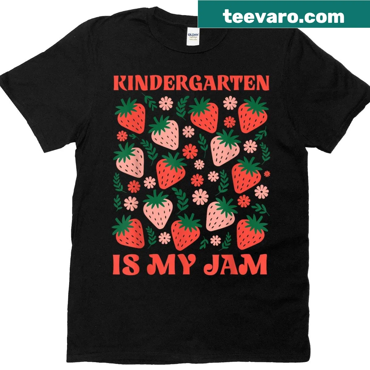 Teacher t-shirt with 'Kindergarten Is My Jam' and strawberry floral design — on a men's t-shirt