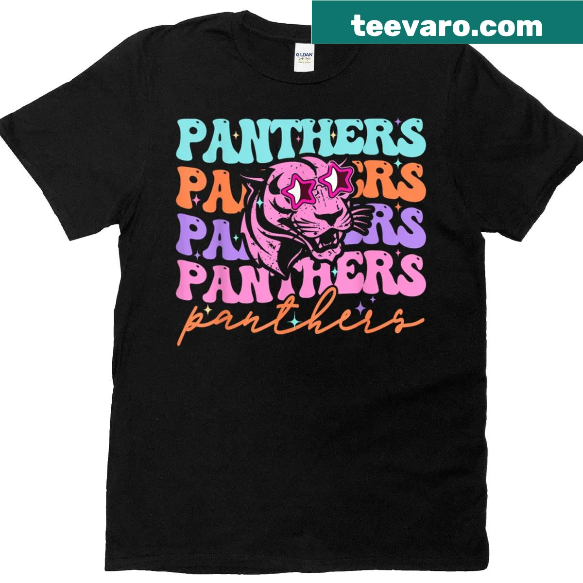 Groovy Panther mascot design on a spirited school spirit T-shirt — on a men's t-shirt