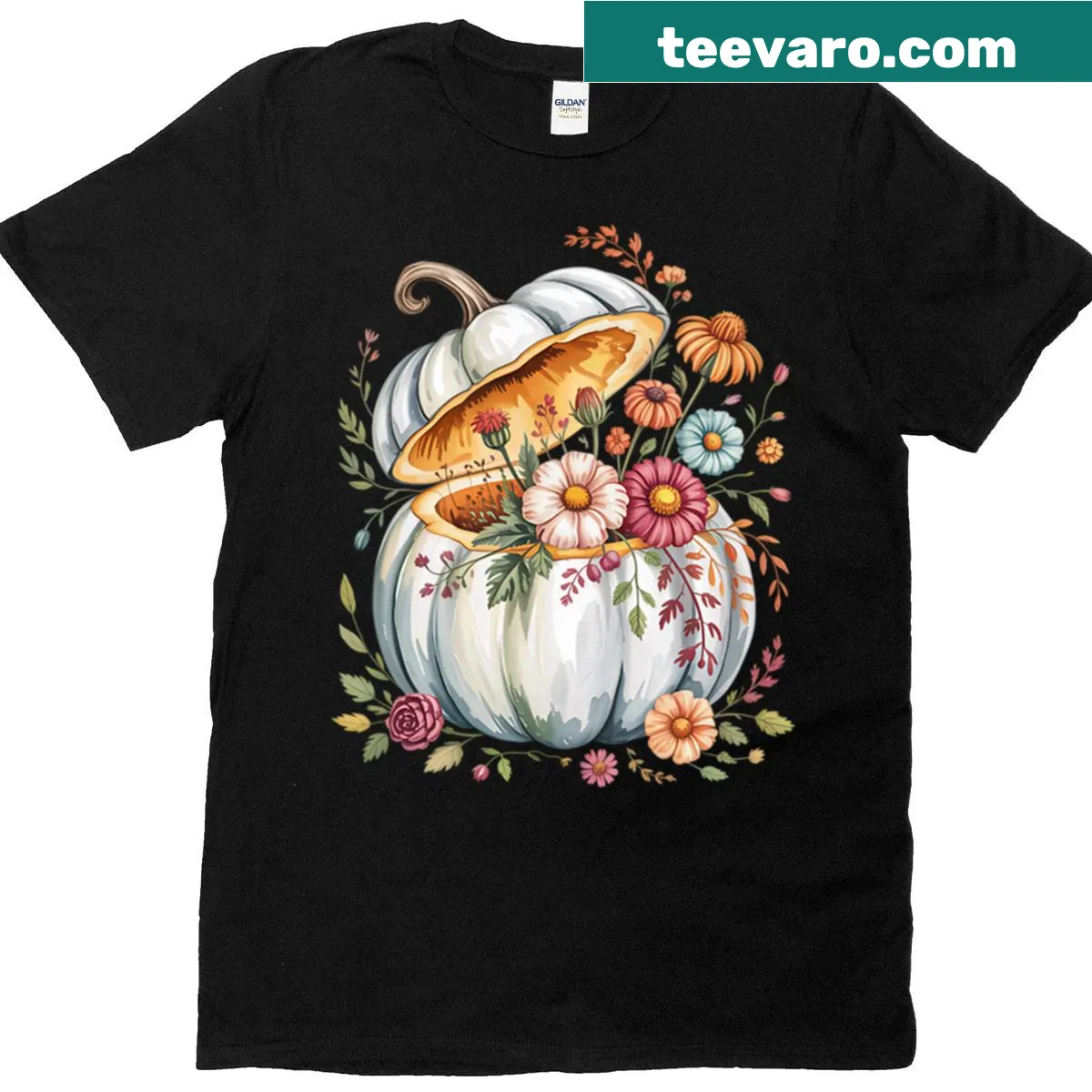 Floral pumpkin harvest graphic on a Halloween t-shirt — on a men's t-shirt