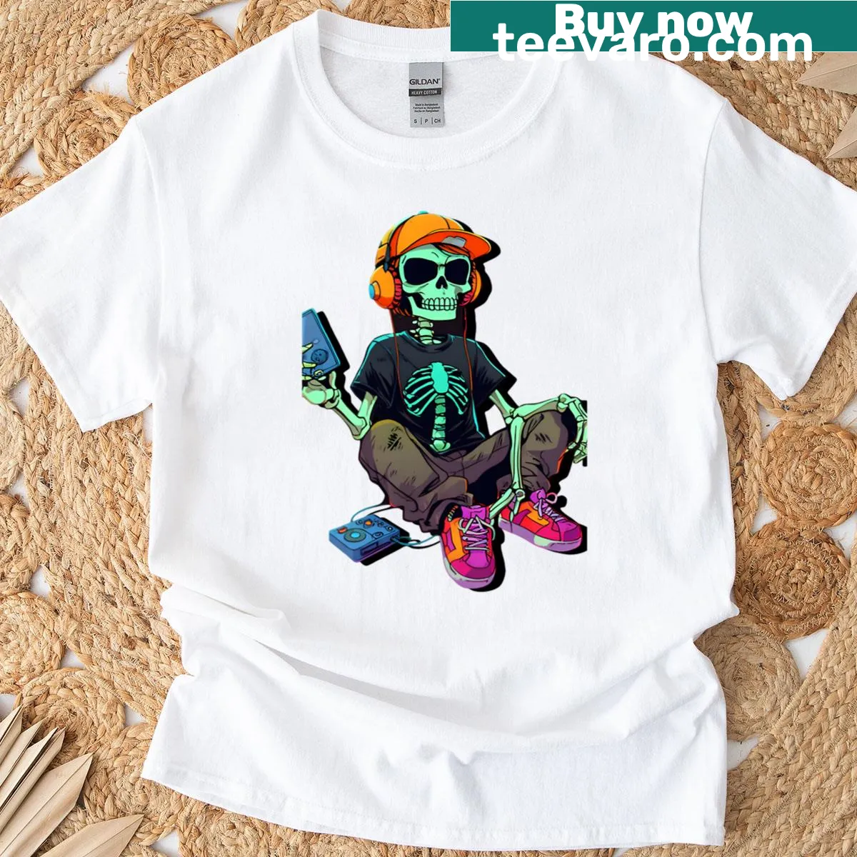 Skeleton gamer Halloween t-shirt with cartoon design — on a men's t-shirt