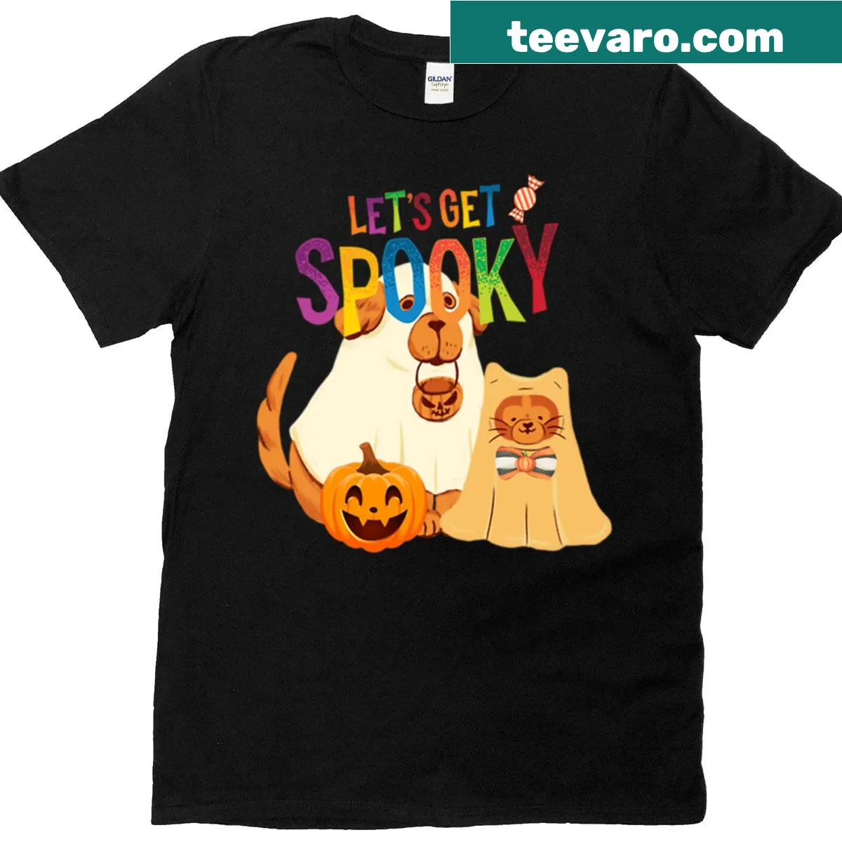 Halloween pets in costumes graphic on a t-shirt — on a men's t-shirt