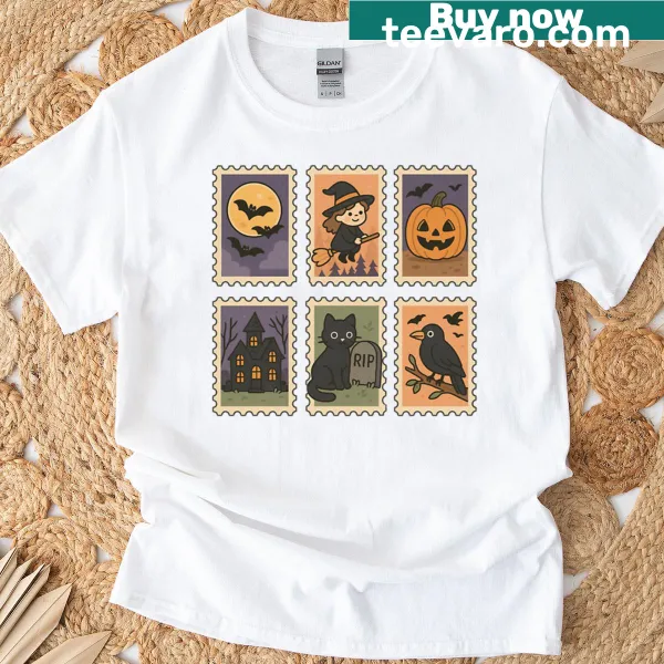 Halloween-themed T-shirt with whimsical postage stamp illustrations