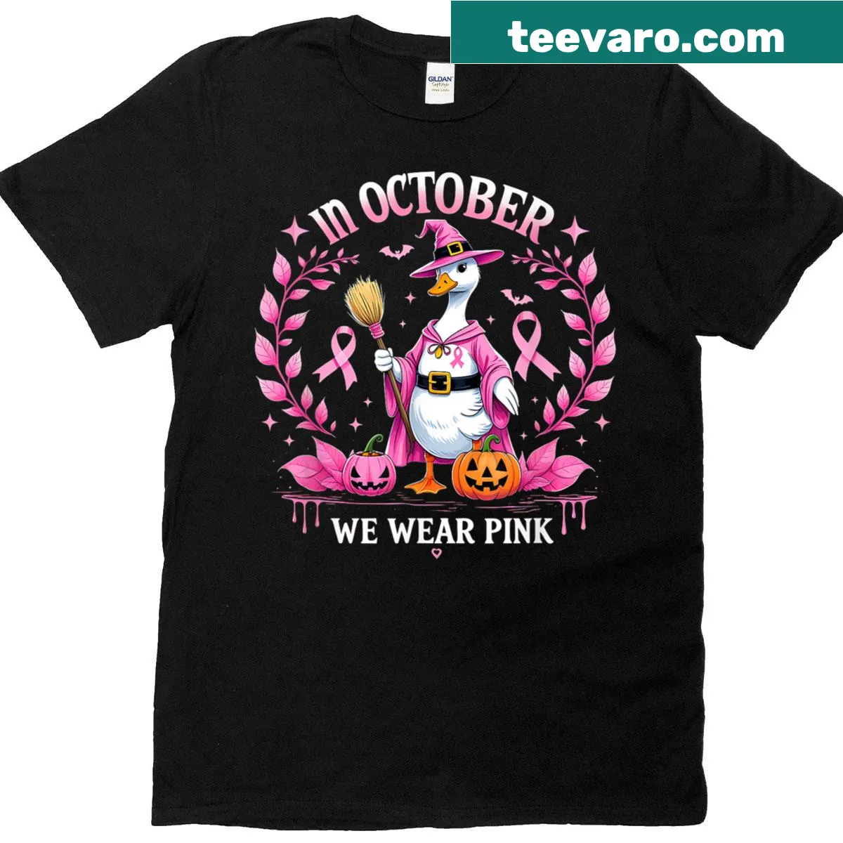 T-shirt with a Halloween ribbon and pink elements for awareness — on a men's t-shirt