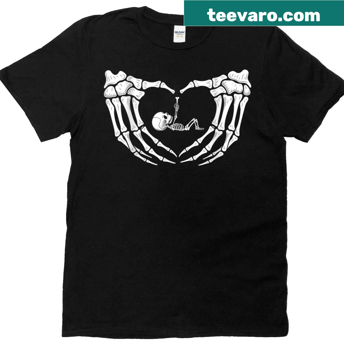 Halloween maternity T-shirt with a skeleton design for baby announcement — on a men's t-shirt