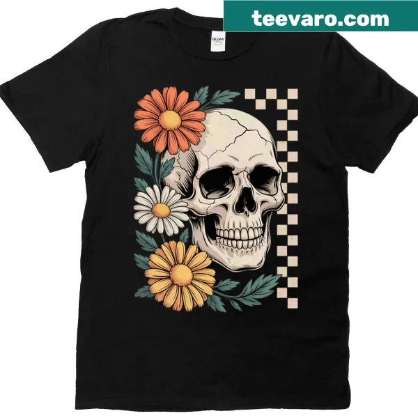 Halloween skull adorned with vintage flowers t-shirt design