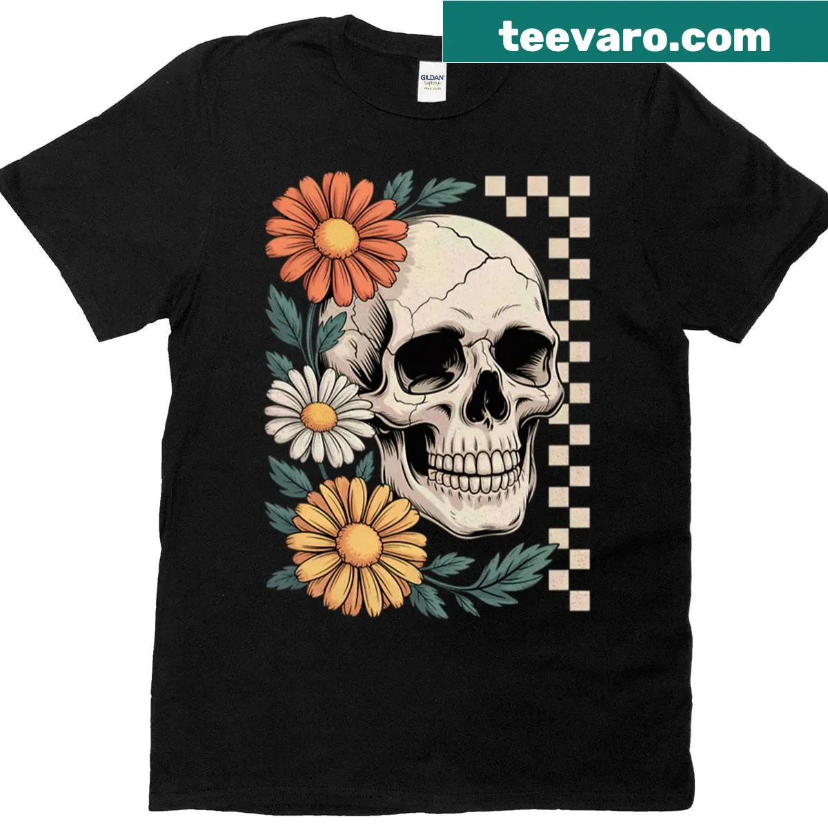 Halloween skull adorned with vintage flowers t-shirt design — on a men's t-shirt