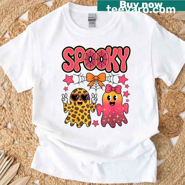 Cute ghosts and leopard print on matching family Halloween t-shirt