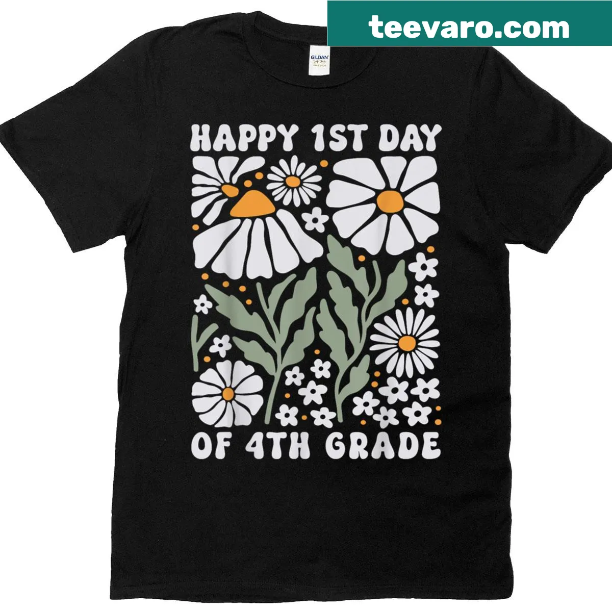 Fourth grade t-shirt with flowers and 'Happy First Day Of Fourth Grade' text — on a men's t-shirt
