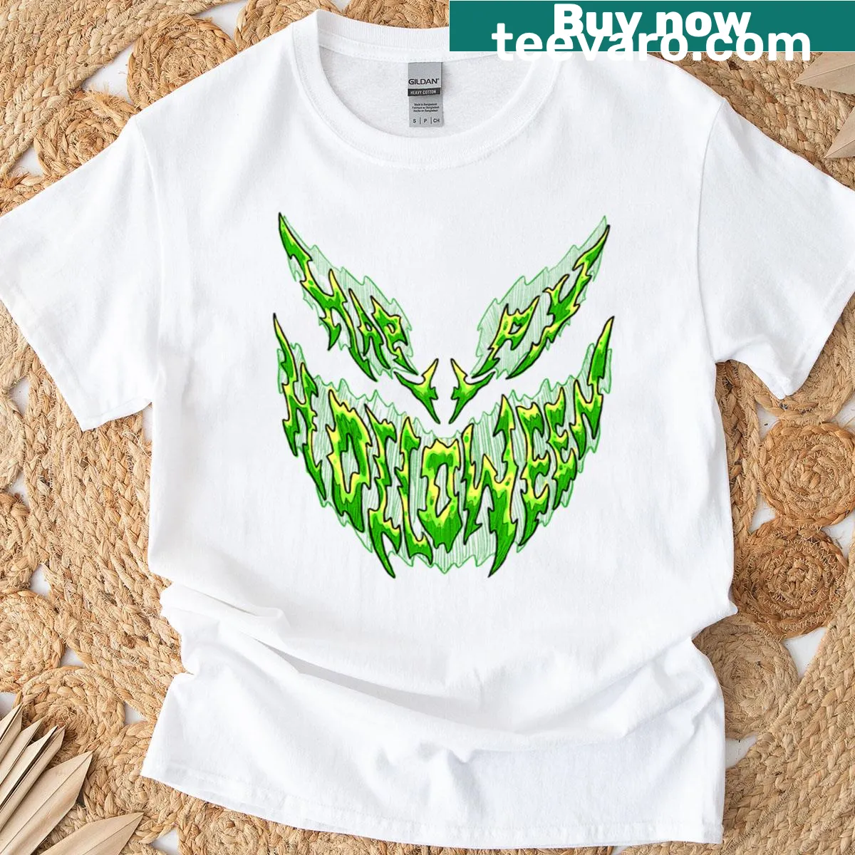 Creepy green slimy text on a Halloween-themed t-shirt — on a men's t-shirt