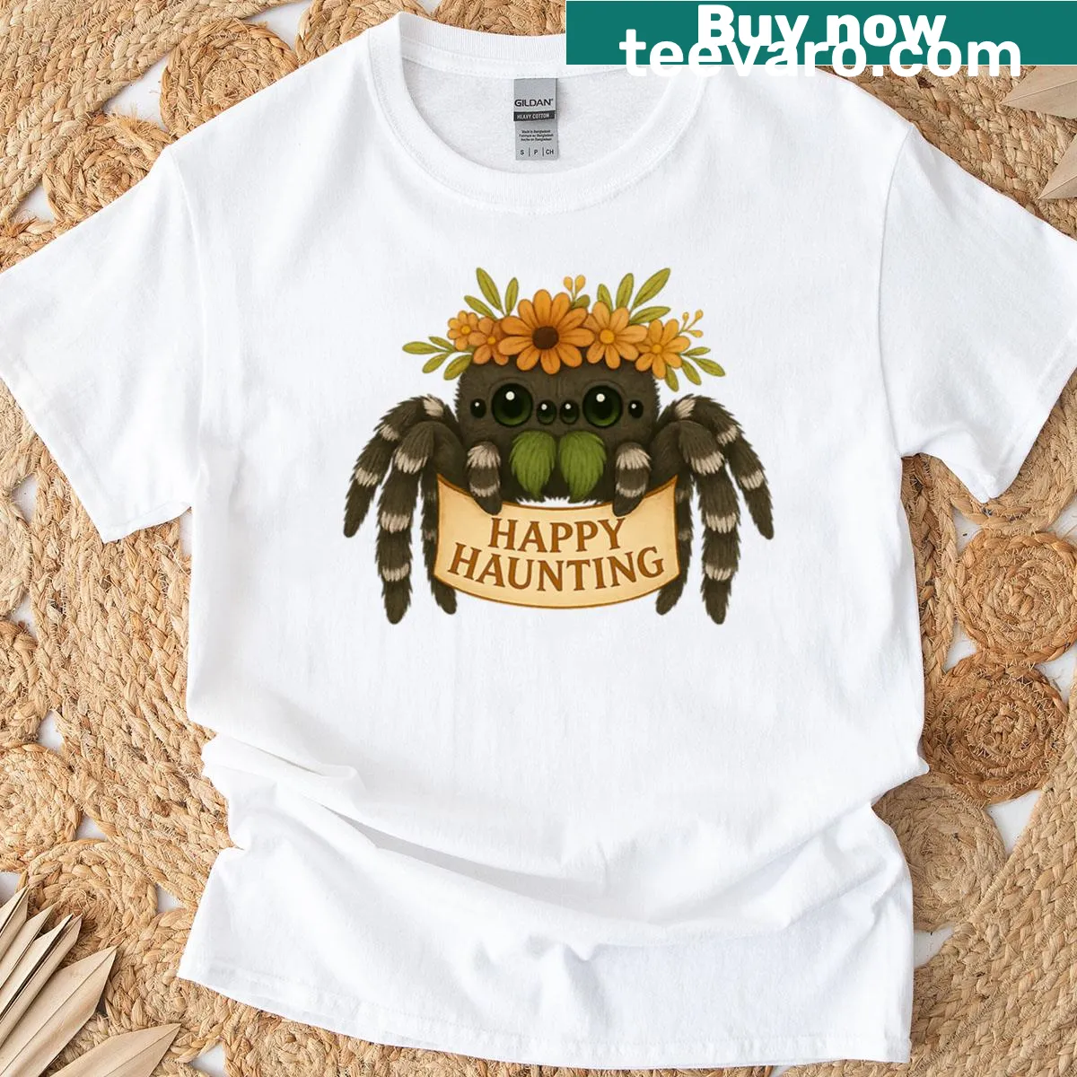 Cheerful spider graphic for Halloween T-shirt — on a men's t-shirt