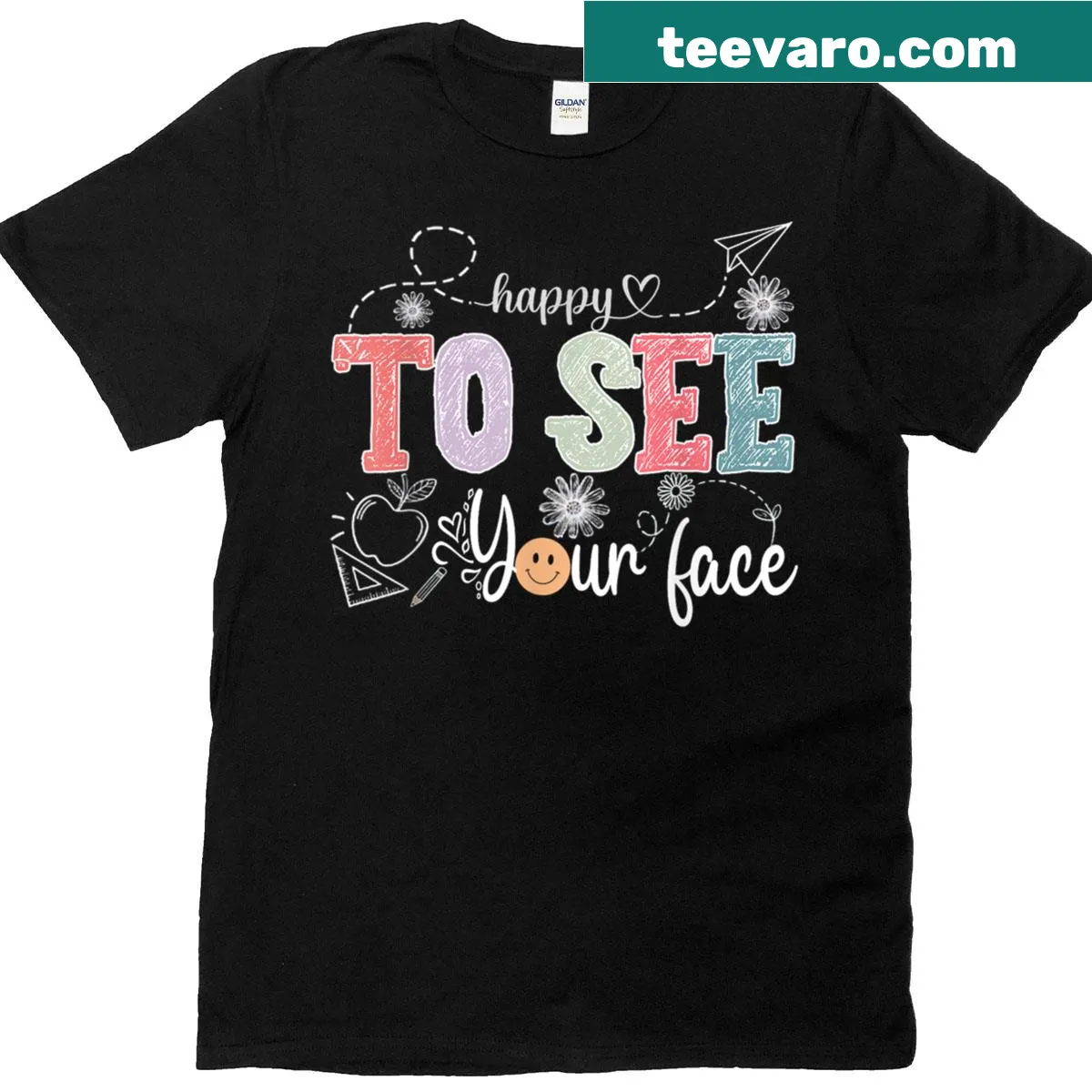 Back to school t-shirt with friendly text 'Happy To See Your Face' — on a men's t-shirt