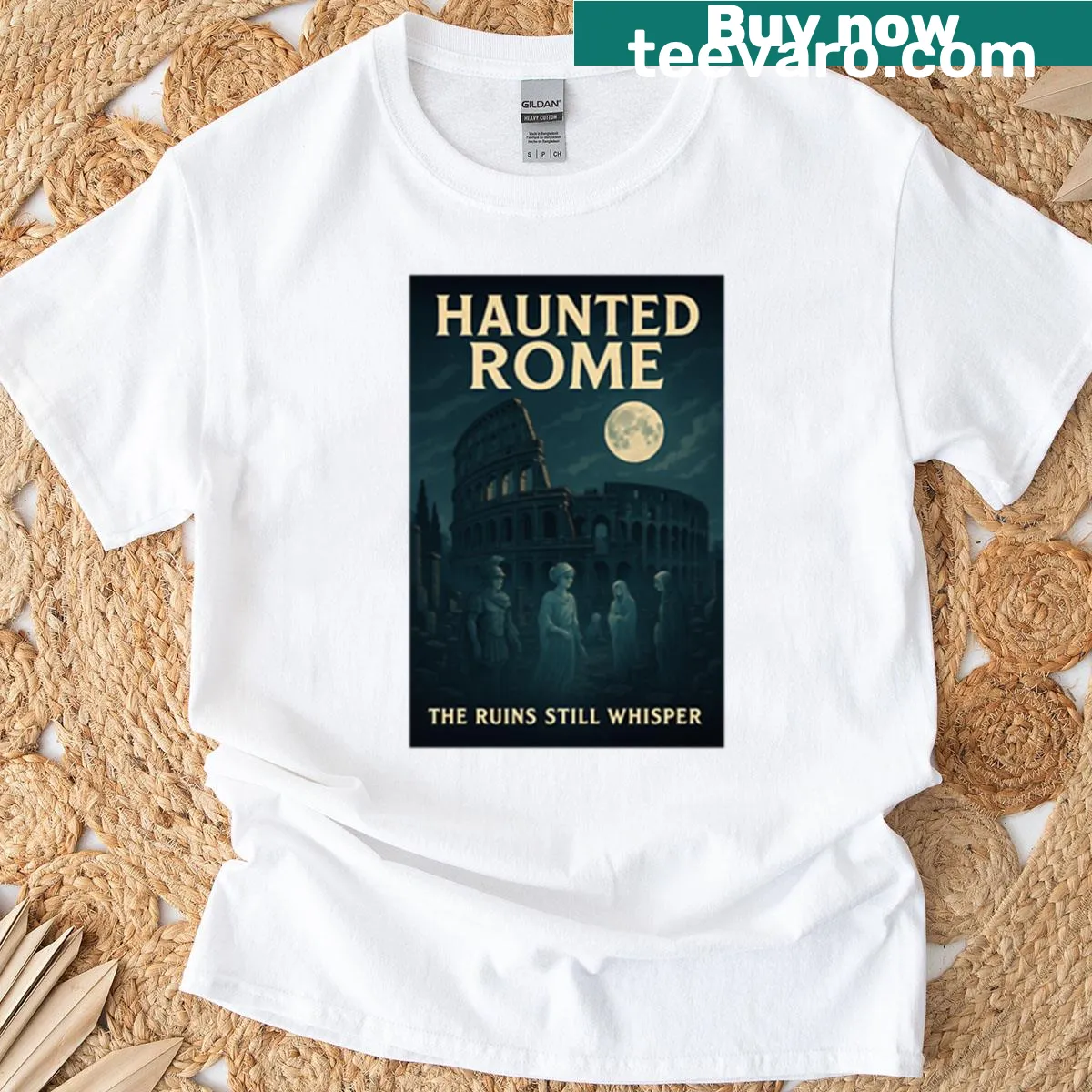 Haunted Rome ruins t-shirt with historic illustration — on a men's t-shirt