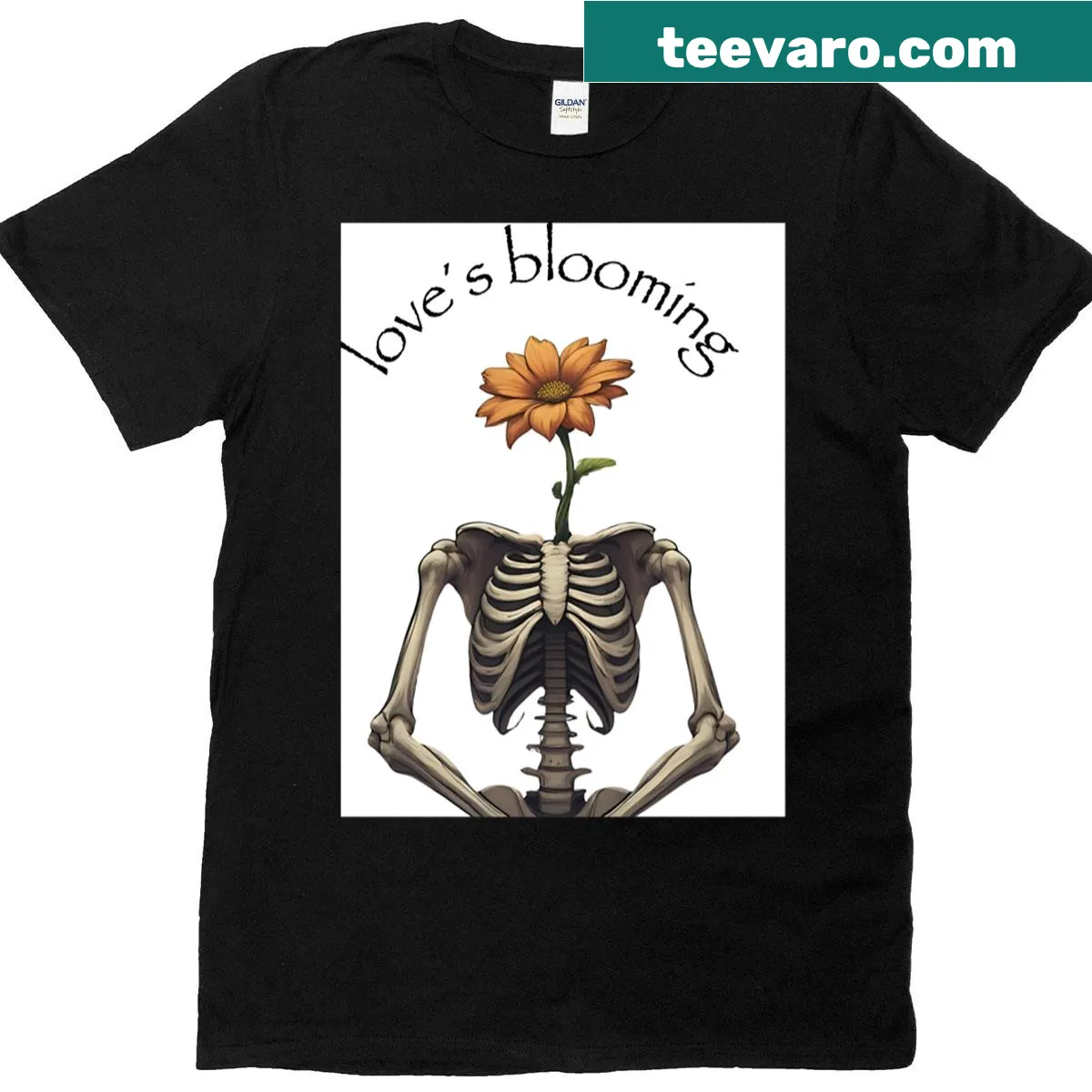 Whimsical T-shirt featuring a headless skeleton holding a heart — on a men's t-shirt