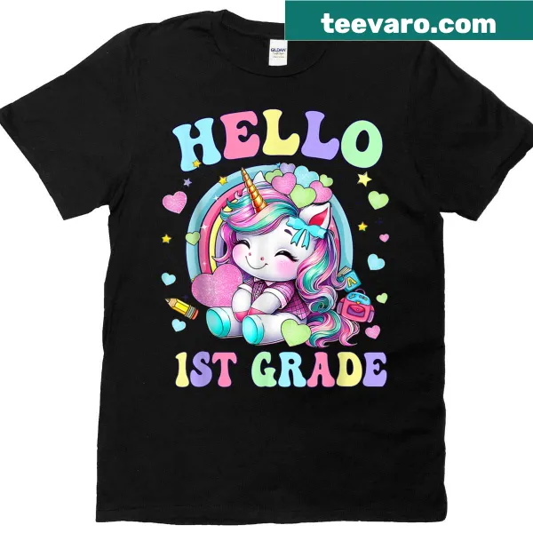 Hello 1st Grade graphic with unicorn on kids T-shirt