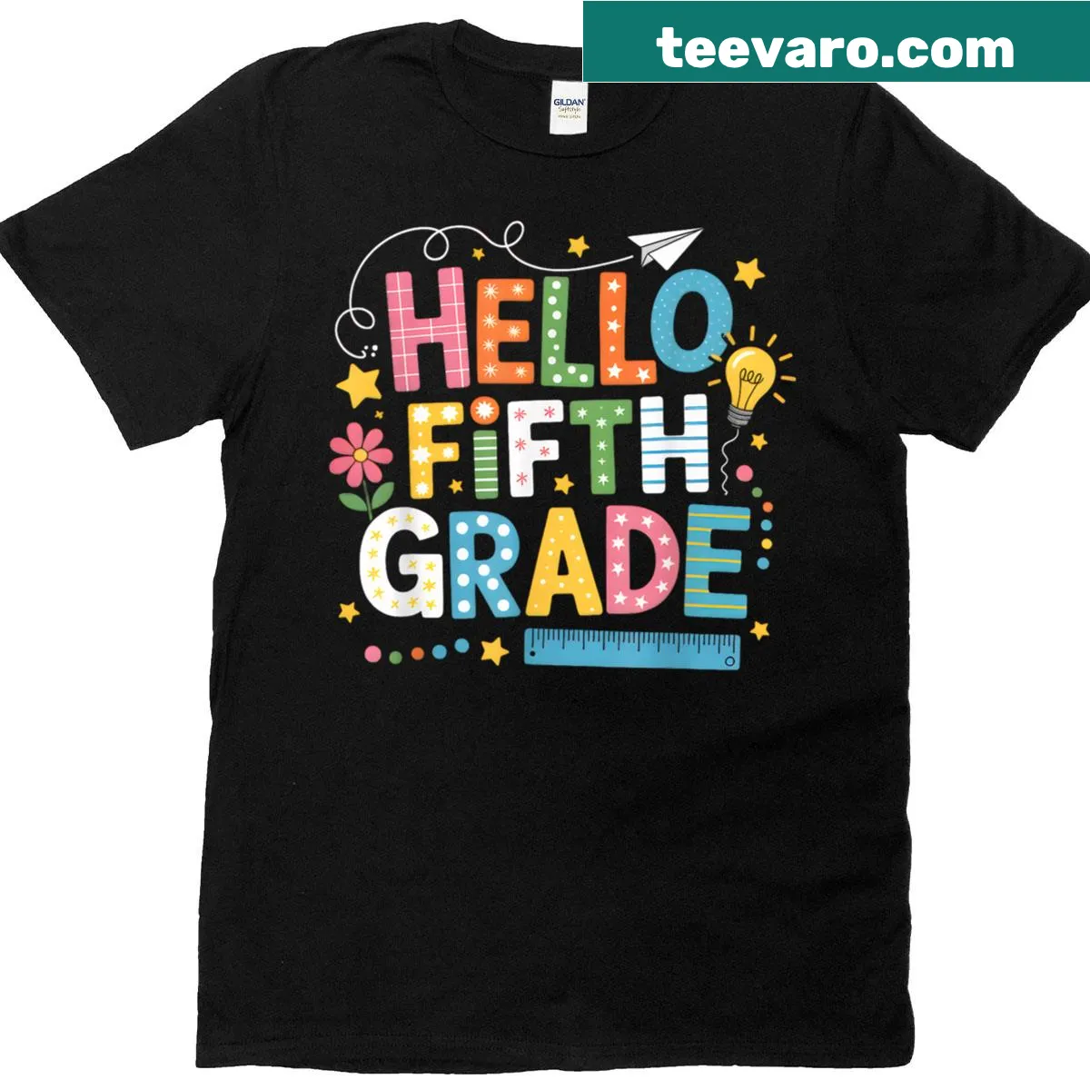 T-shirt with 'Hello 5th Grade' text, perfect for back-to-school — on a men's t-shirt