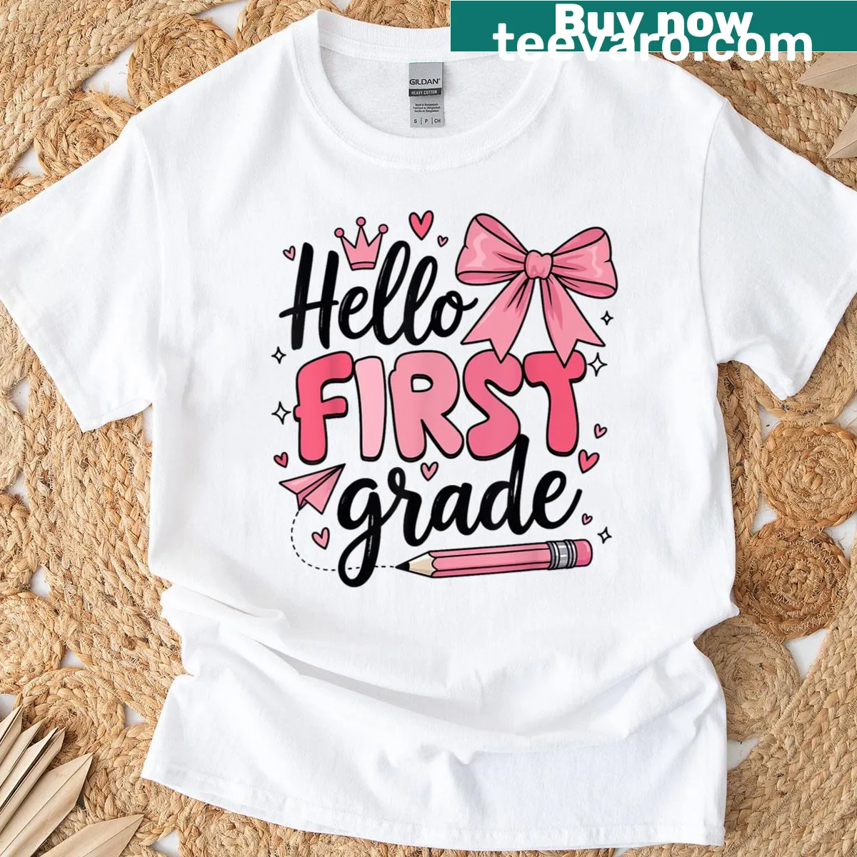 First grade t-shirt with hand-lettered greeting for teachers — on a men's t-shirt