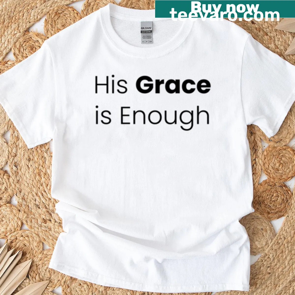 Inspirational quote 'His Grace Is Enough' in stylish typography on T-shirt — on a men's t-shirt