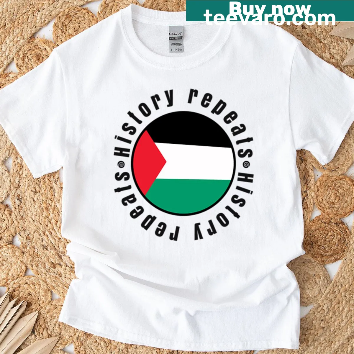 Bold graphic stating 'History Repeats - Free Palestine' on a t-shirt — on a men's t-shirt