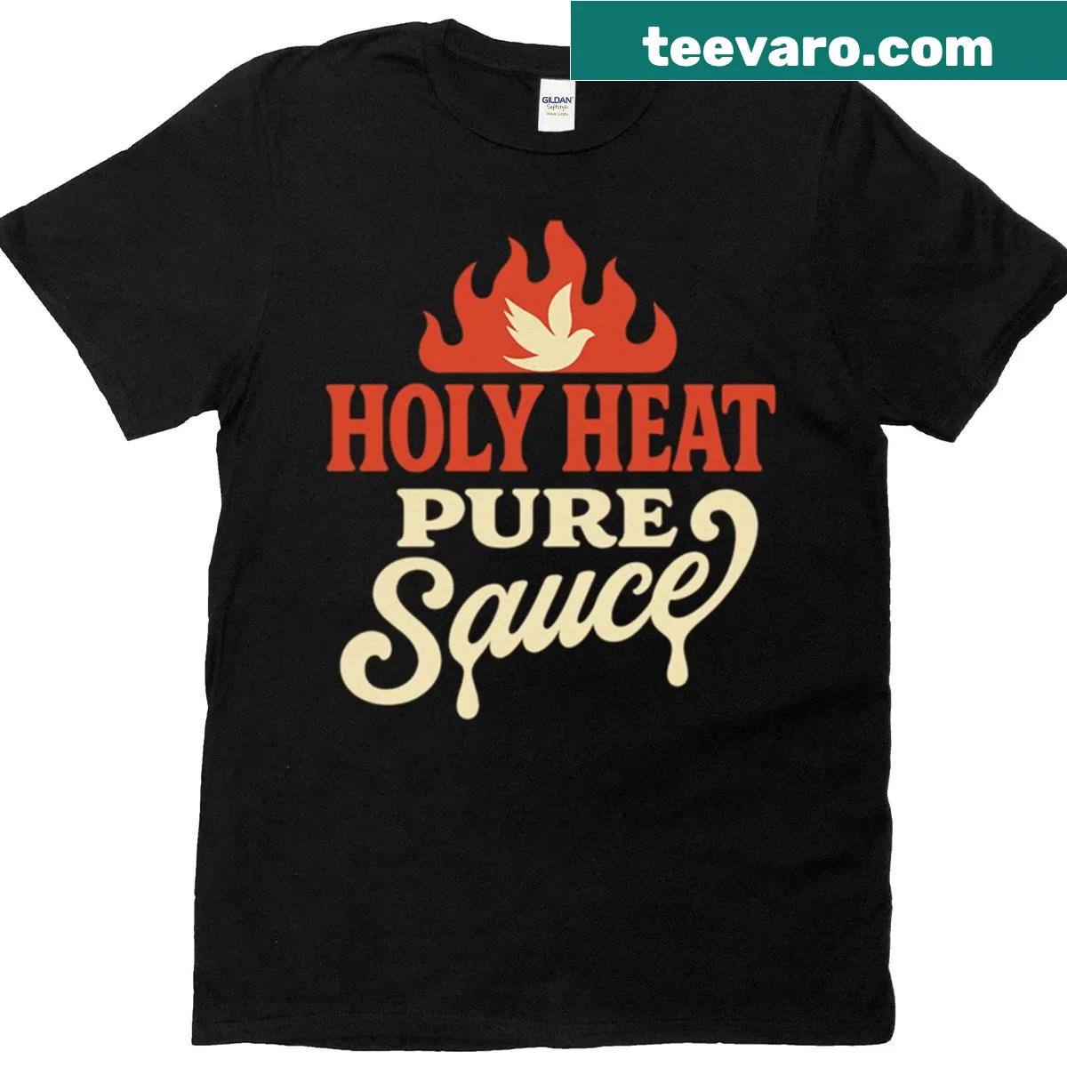 Funny Holy Heat Pure Sauce t-shirt with hot sauce design — on a men's t-shirt