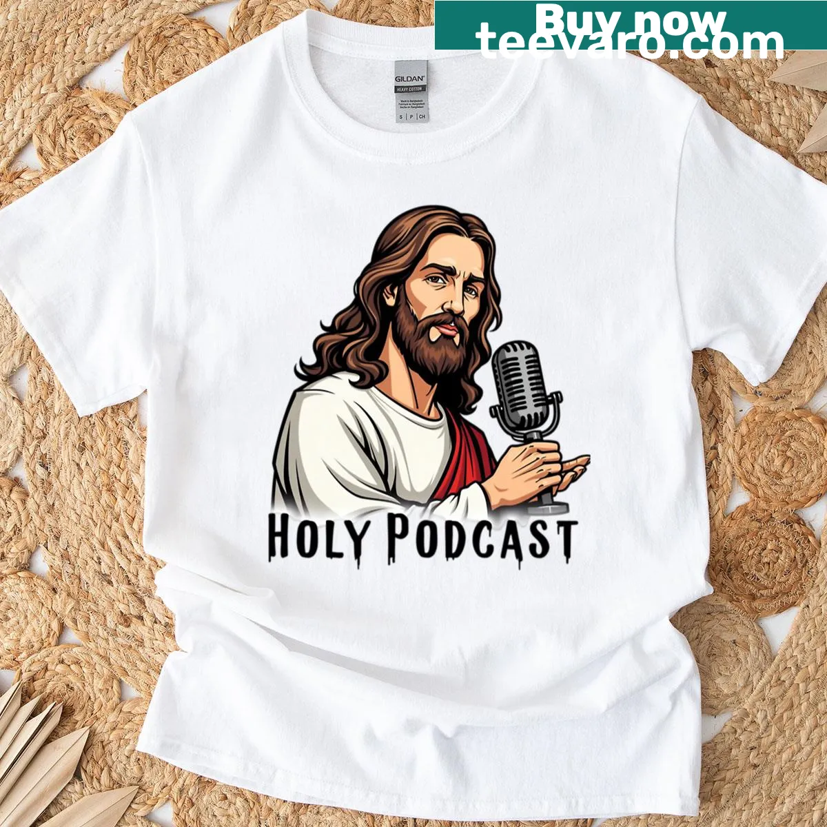 Typography t-shirt for podcast lovers with faith-based message — on a men's t-shirt