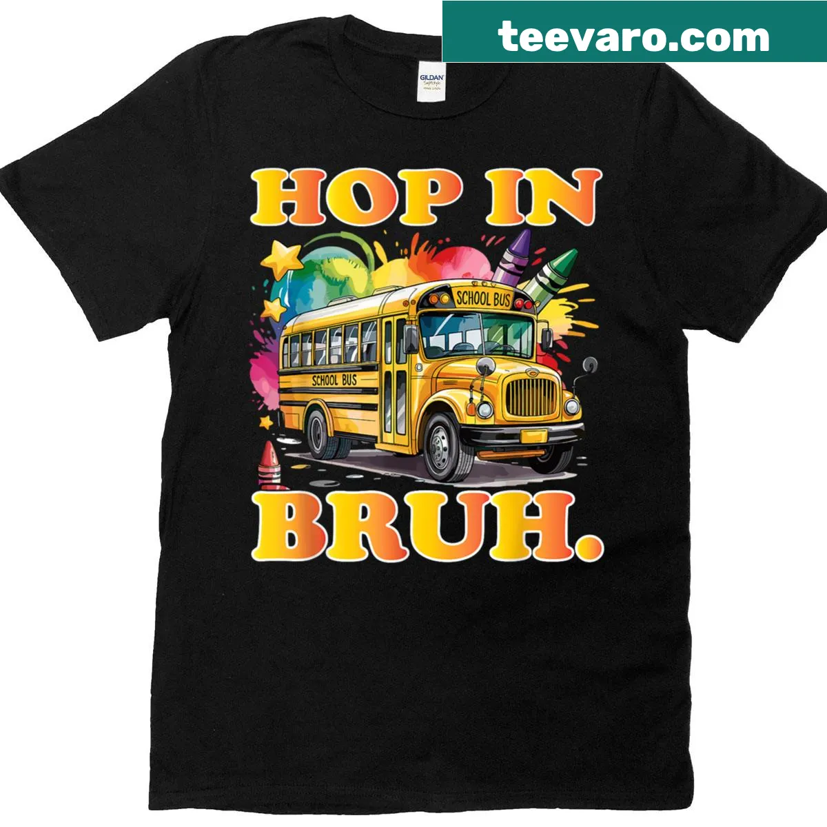 Funny t-shirt with the phrase 'Hop In Bruh' related to back-to-school. — on a men's t-shirt