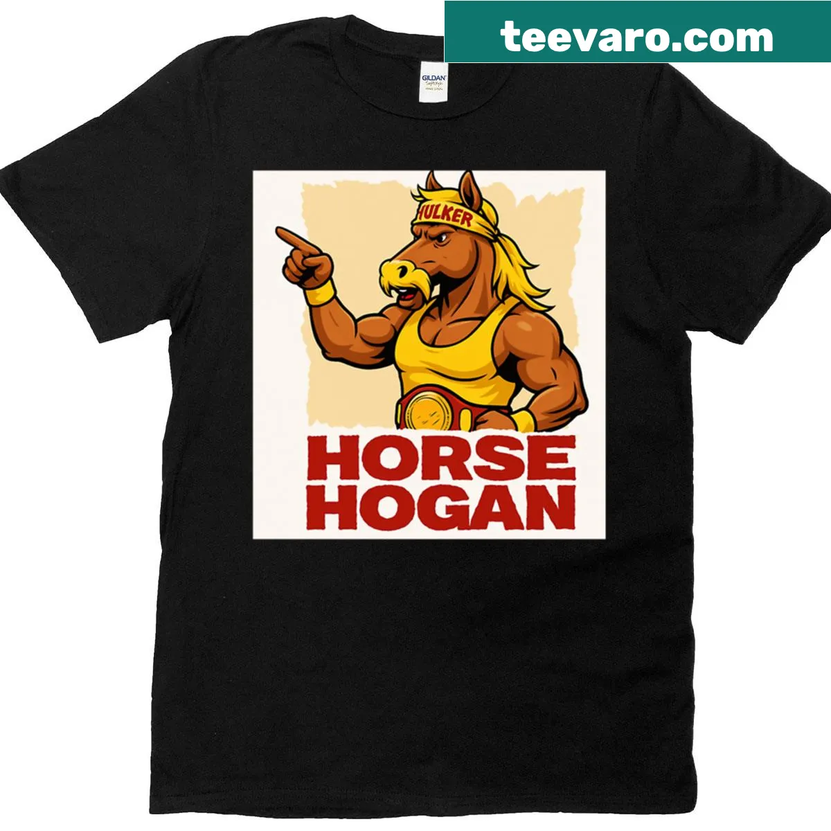 Funny t-shirt featuring the phrase 'Horse Hogan' in playful typography — on a men's t-shirt