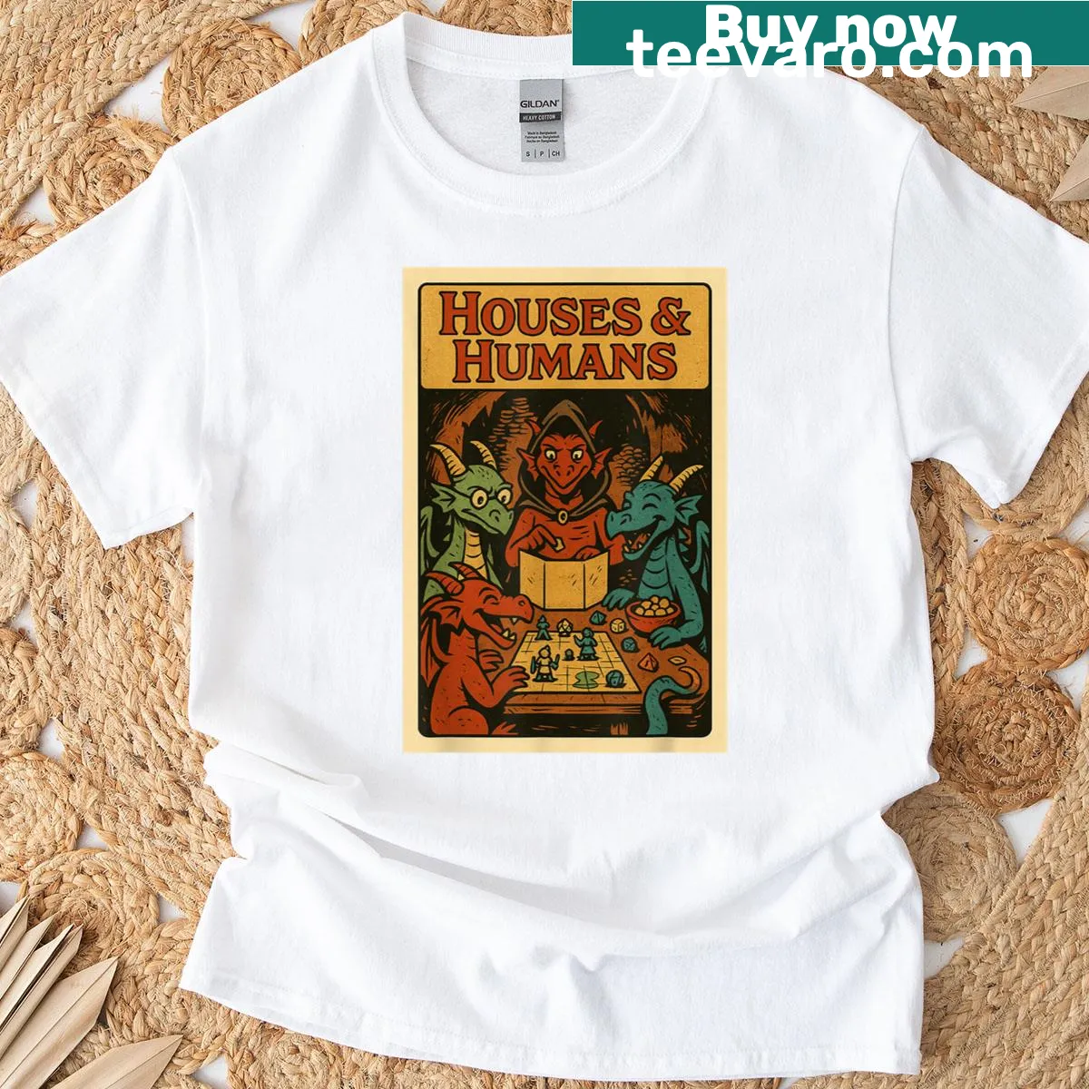 Funny RPG-themed T-shirt illustrating houses and humans for gamers — on a men's t-shirt