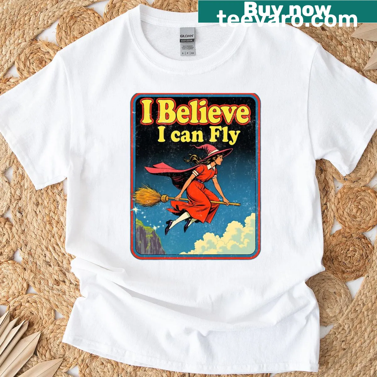 T-shirt with a retro witch design and the phrase 'I Believe I Can Fly'. — on a men's t-shirt