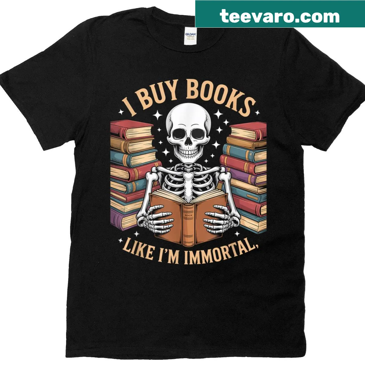 Whimsical T-shirt featuring a skeleton and reading-themed text — on a men's t-shirt